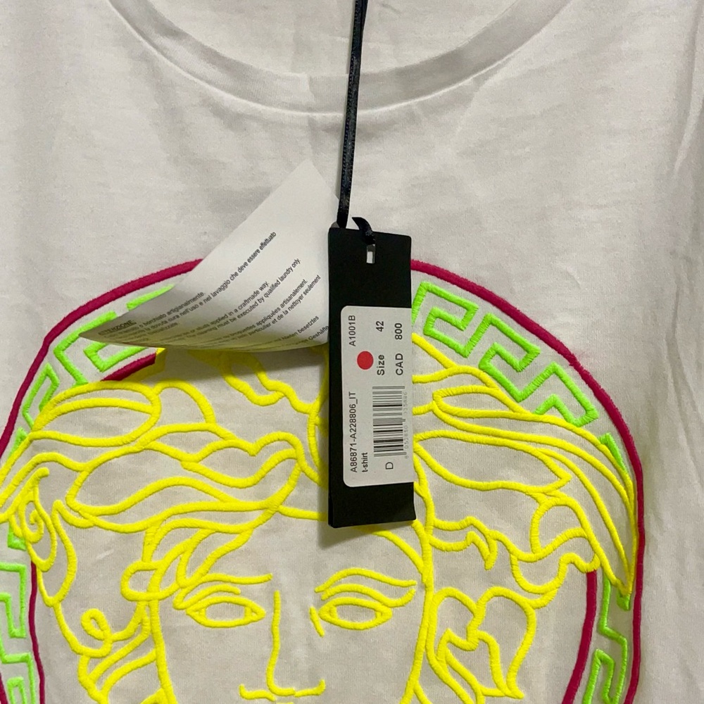 Versace White Tee with Neon Yellow and Pink Medusa